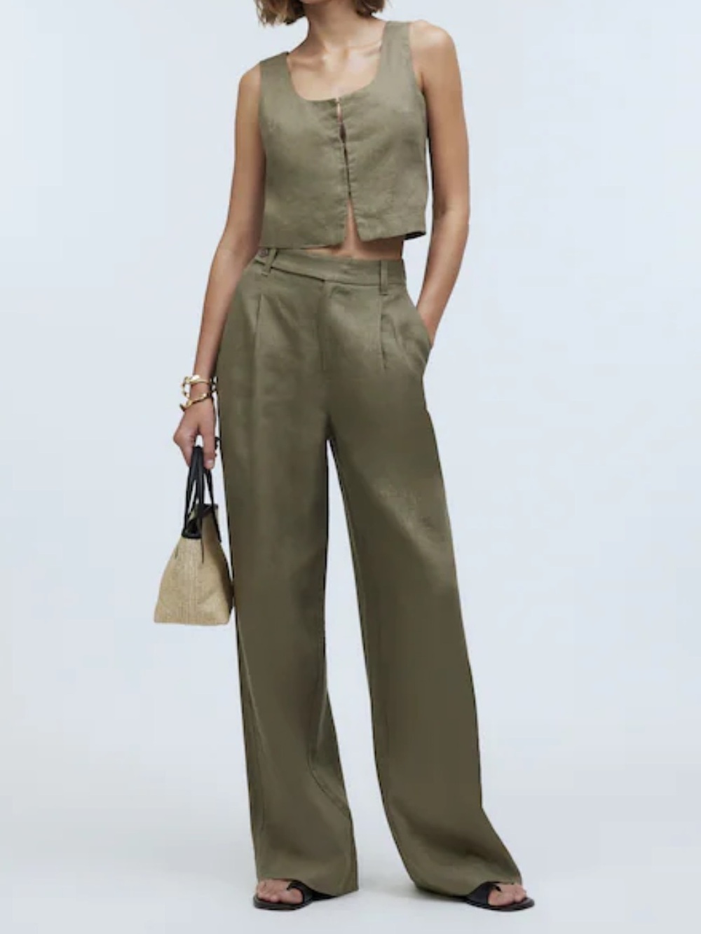 Madewell The Harlow Linen Olive Wide-Leg Pants
